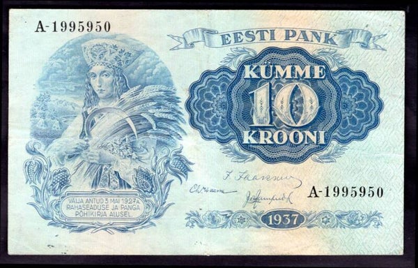 Estonia. 10 Krooni 1937 A 1995950 GF+.   V6063