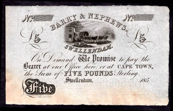 South Africa. Barry & Nephews, £5, Swellendam, 185- unissued, EF+. v7256