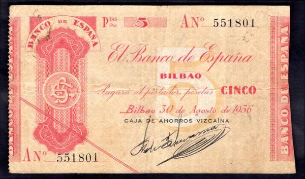 Spain, Bilbao, 5 Pesetas, 1936 (WPM S551b). A551801. F-VF.