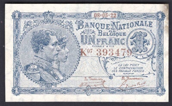 Belgium: National Bank, 1 franc, 08-05-22, K07 393479 (WPM 92), VF-EF.