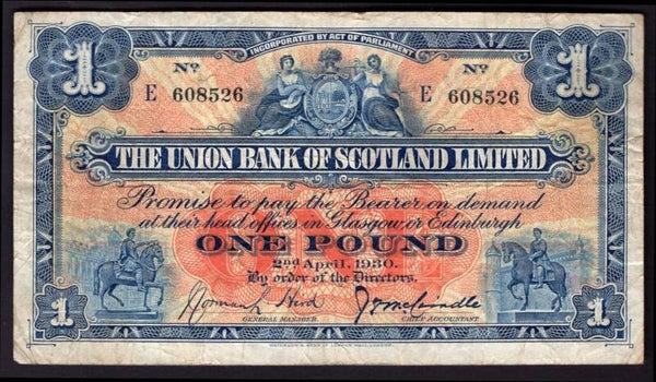 Scotland, Union Bank, £1, 2-4-1930, E608526. (PMS UB63b). F-VF.