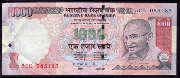 India, 1.000 rupees, 2010. 5CE 085185. (Pick 100f). F-VF.
