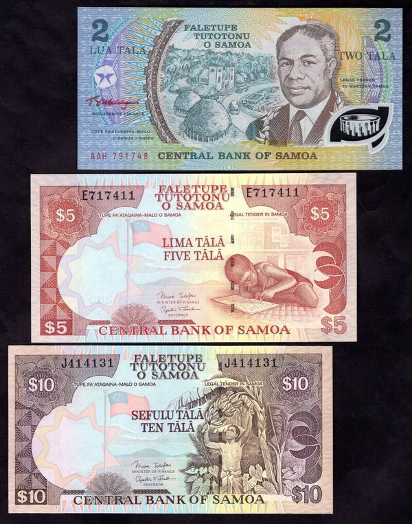 Samoa, Central Bank, 2-100 tala (6 notes) includes $50 without serial numbers.