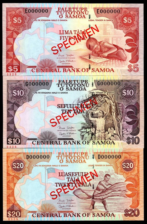 Samoa, Central Bank, 5-100 tala (5 notes) (2002) Specimens (WPM 33s-37s). AU-UNC