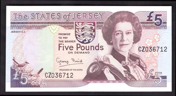 Jersey, £5, Baird signature (1993), replacement CZ036712 (BYB JE24br). UNC.