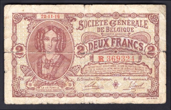 Belgium: National Bank. 2 francs. 22.11.16. R.369324 (Pick 87). VG.