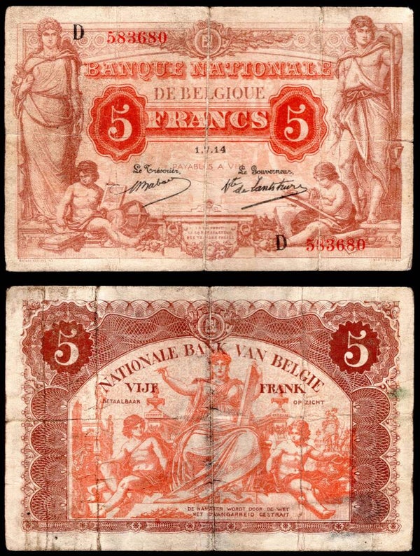 Belgium, Nationale Bank, 5 francs, 1-7-14, D 583680 (WPM 74a). GF.