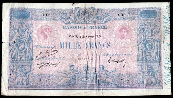 France, Banque de France, 1,000 francs, 21-2-1921, 38071216 (WPM 67I). Fine.