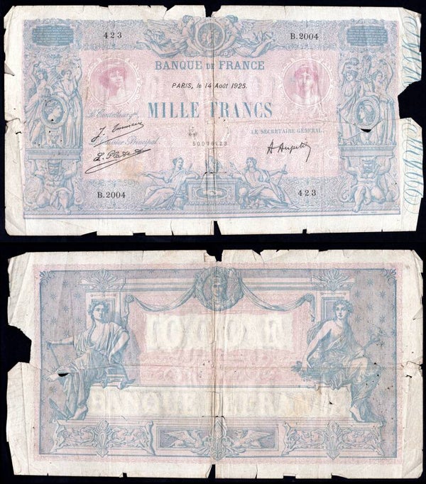 France, Banque de France, 1,000 francs, 14-8-1925, 50076423 (WPM 67j). Good.
