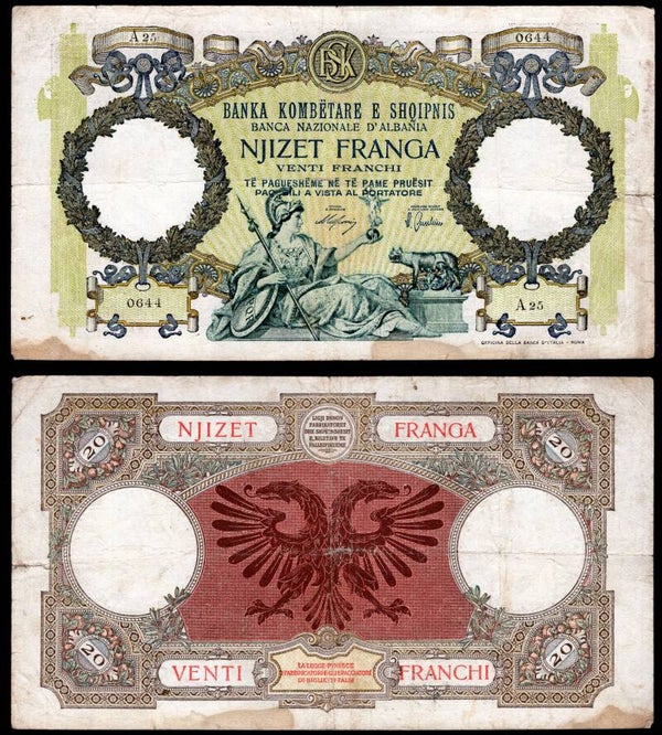 Albania, Banka Kombetare e Shqipnis, 20 franga (1939), A25 0644 (WPM 7). GF+.