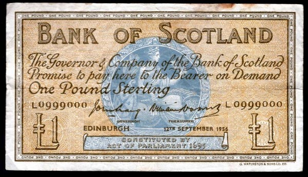 Scotland, Bank of Scotland, £1, 12-9-1956, L0999000. (PMS BA99b). Fine.