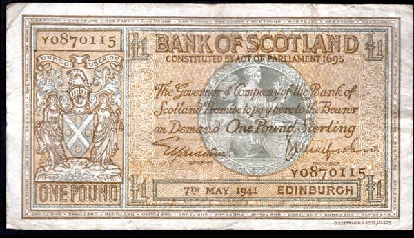 Scotland, Bank of Scotland, £1, 7-5-1941, Y0870115. (PMS BA95b). F-VF.