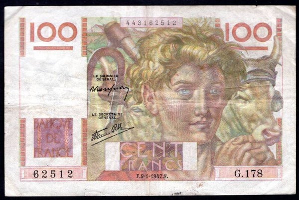 France: 100 francs. 9-1-1947. 443162512. (Pick 128a). F-VF.