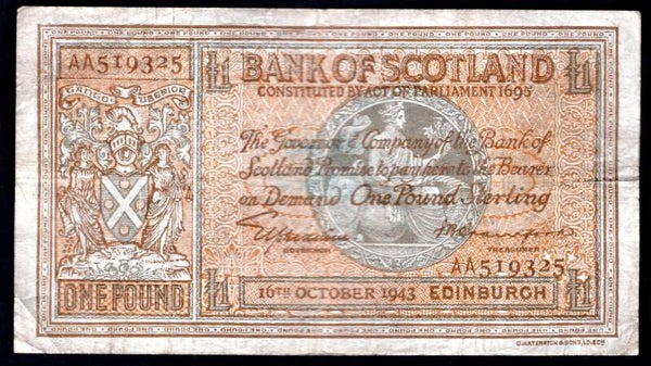 Scotland, Bank of Scotland, £1, 16-10-1943, AA519325. (PMS BA95d). GF.