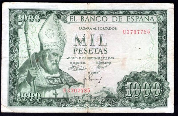 Spain, 1,000 Pesetas, 19-11-1965, U 3707785. F-VF.