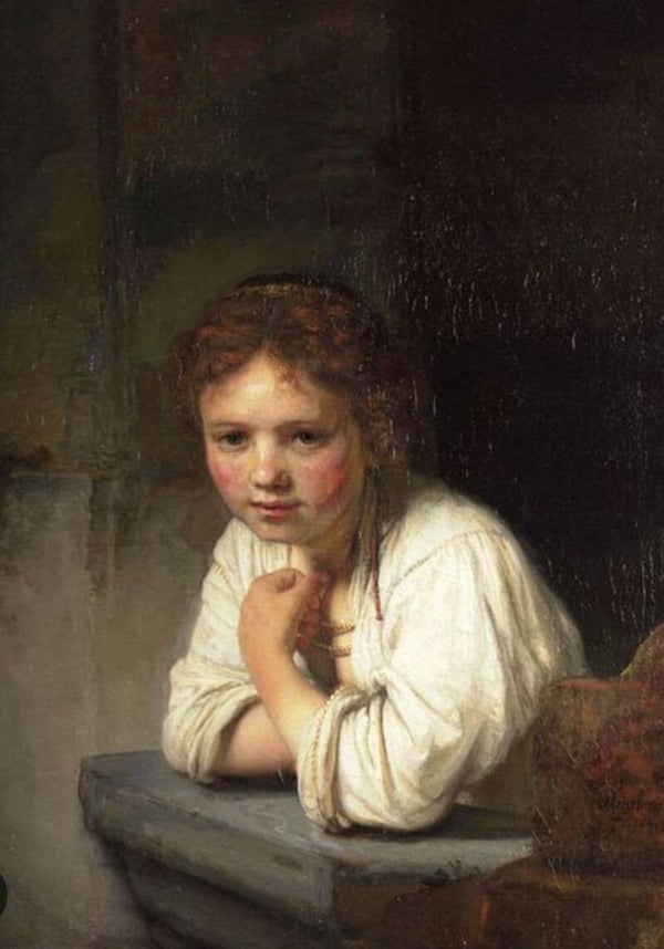 Canvas Jong meisje aan het venster. Rembrandt van Rijn