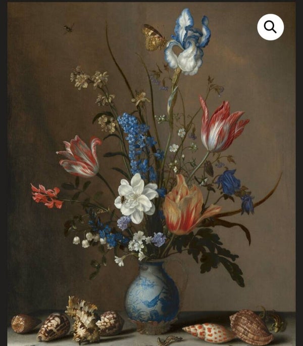 Canvas Bloemen in een Wan-Li vaas met schelpen