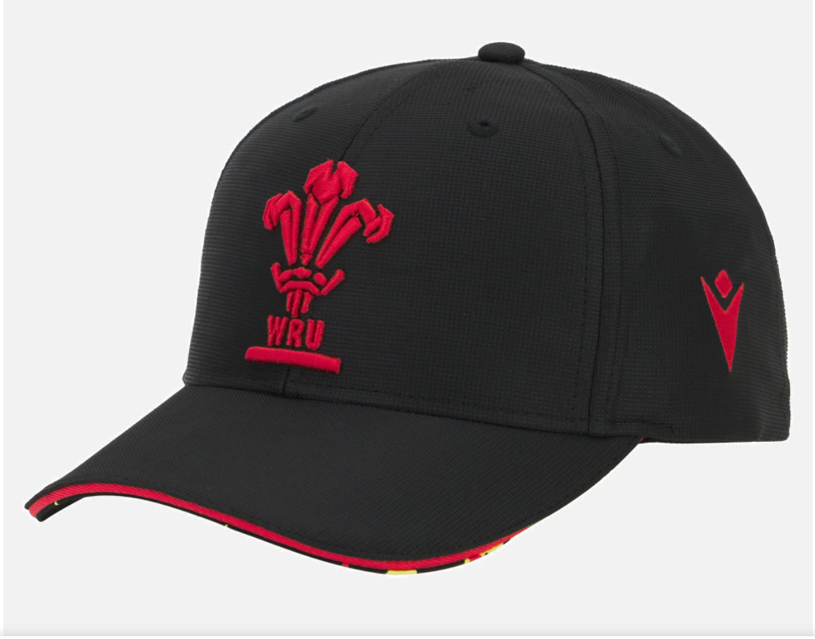 Welsh Rugby 2025/26 Baseball Cap | Official WRU Macron Rugby Cap – Black Red Crest