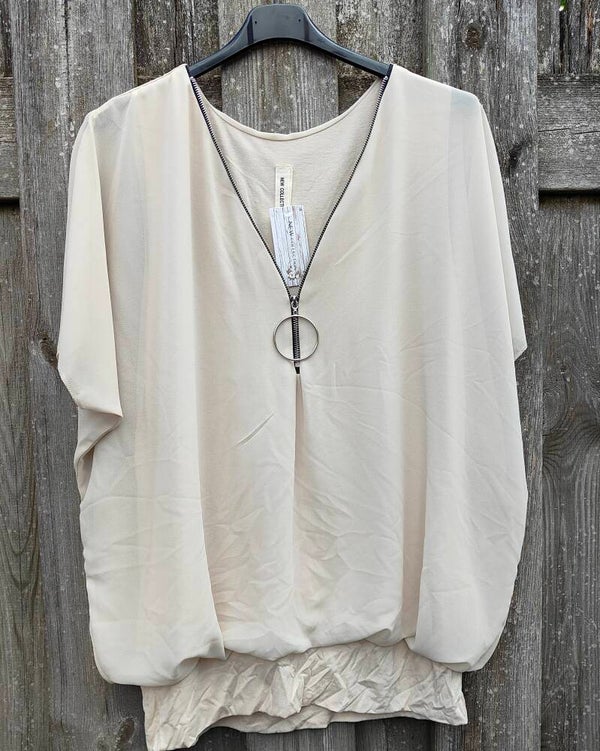 Bloude met rits en V-Hals, Beige One size 36/46