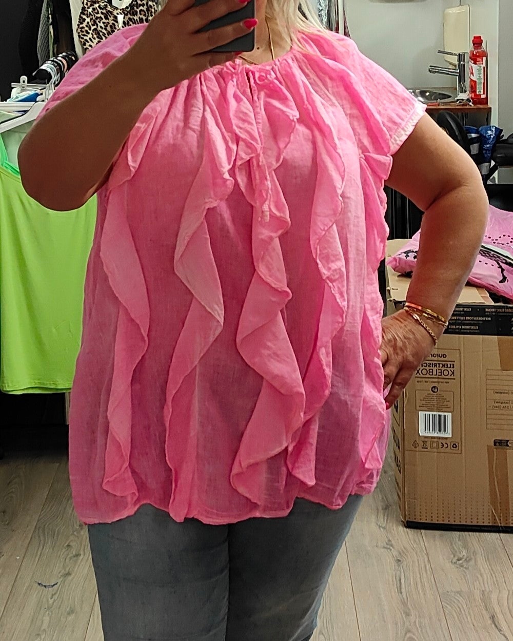 Blouse met roessel neon Roze One Size 38/46