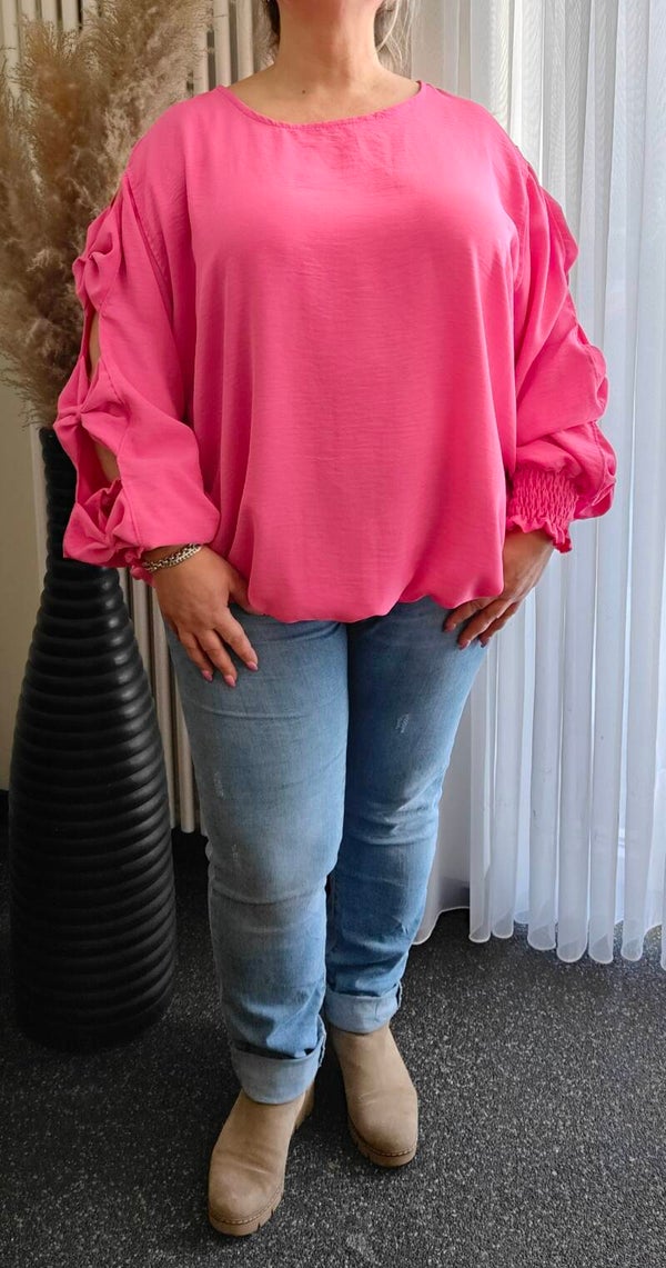 Plus size blouse met strikken op de mouw fuchsia one size 46/52