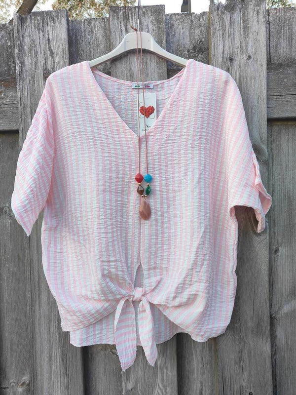 Gestreepte blouse met V-hals, knoop en ketting roze one size 38/42