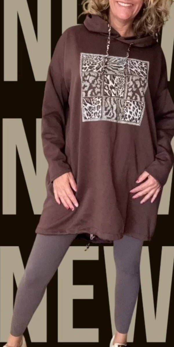 Hoodie tuniek met panter print detail Choco One Size 38/44