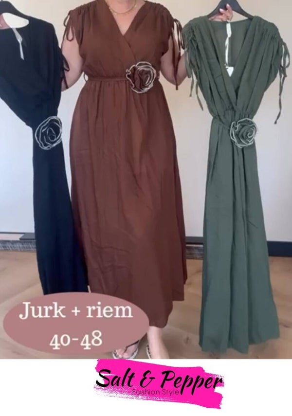 Jurk met bloem centuur groen, bruin, zwart  One Size 40-48