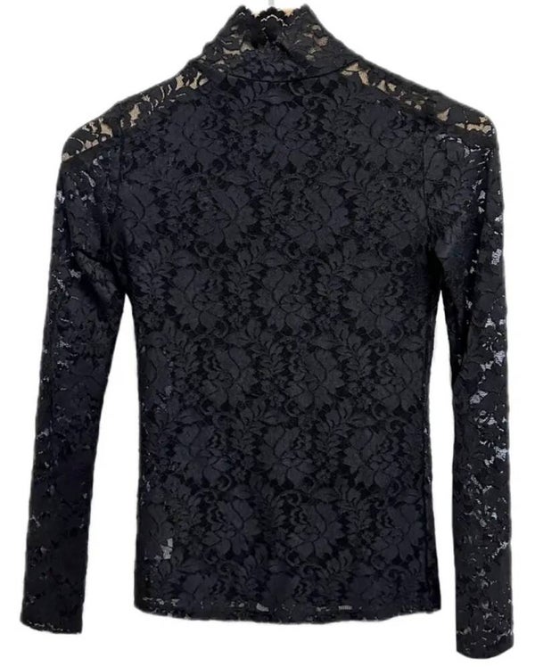 Kanten top met smock hals zwart rechte mouw maat S,M,L,XL,XXL