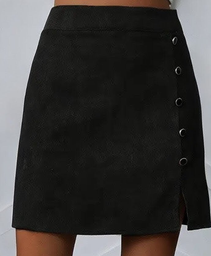 Korte Rib Mini Rok met knopen Zwart, S t/m XL