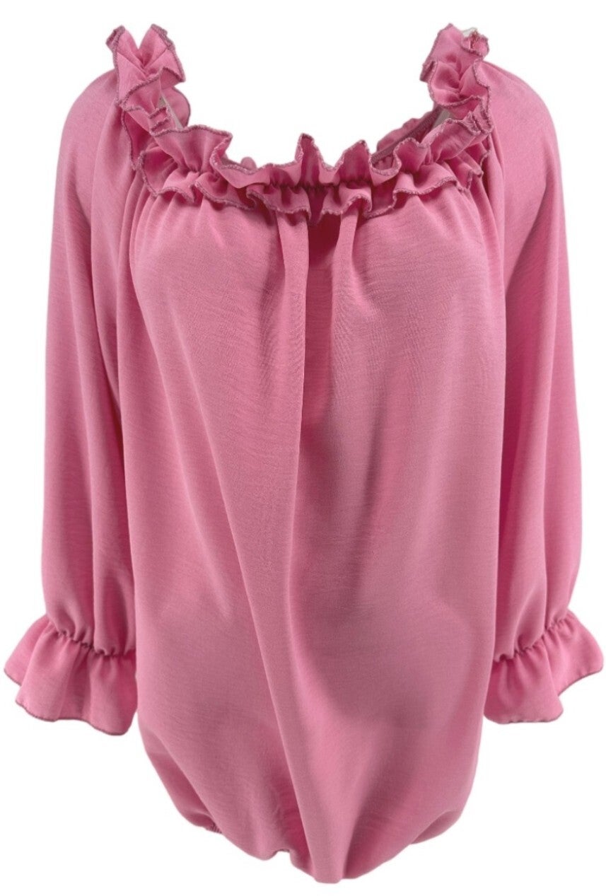 Ballon blouse met ruffel hals roze one size 40/46