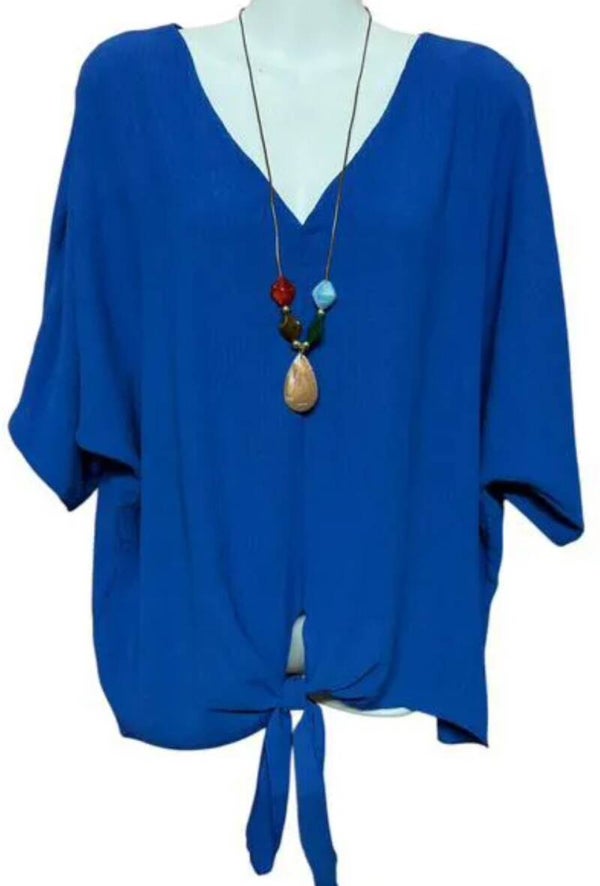 V-hals top met knoop en ketting blauw one size 40/46