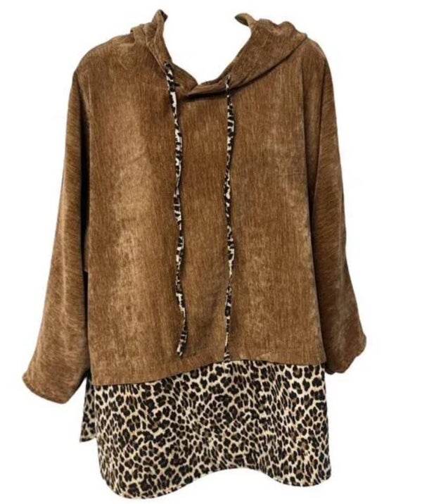 Velours Hoodie met panterprint aan de onderkant Camel, ONe Size 36/46