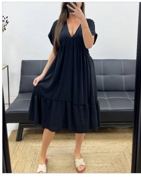 Zomer jurk Jessie, Zwart, One Size, te dragen t/m maat 44
