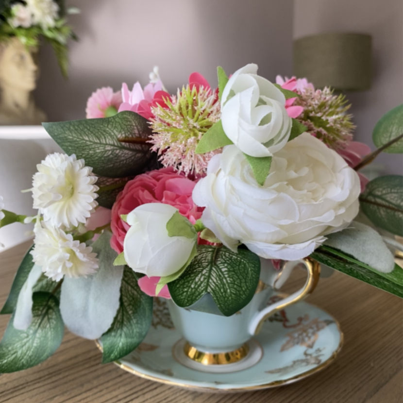 Vintage Teacup Arrangement-Light Pink, Deep Pink & White