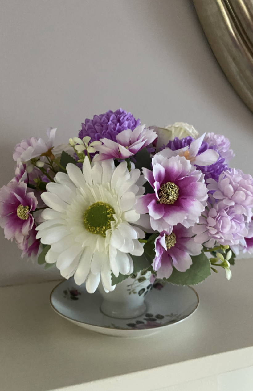 Vintage Teacup Arrangement-Deep Lavender, Purple & White