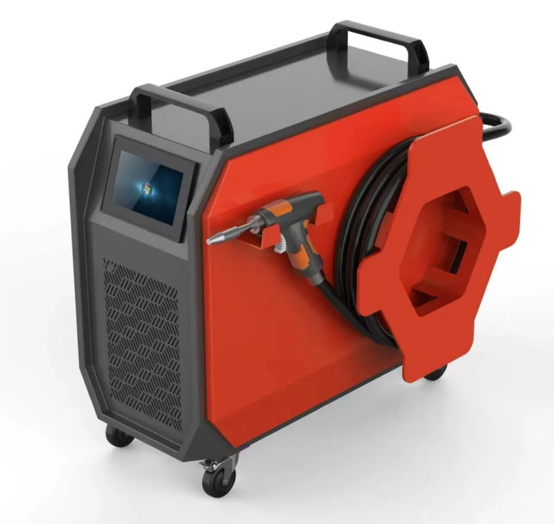 Modern portable laser welding machine with touchscreen interface, hose reel, and attached handheld welding torch—designed for high-precision metal fabrication.