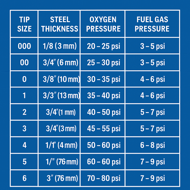 Oxyfuel cutting pressure chart showing recommended oxygen and fuel gas pressures by tip size and steel thickness for acetylene or propane cutting.