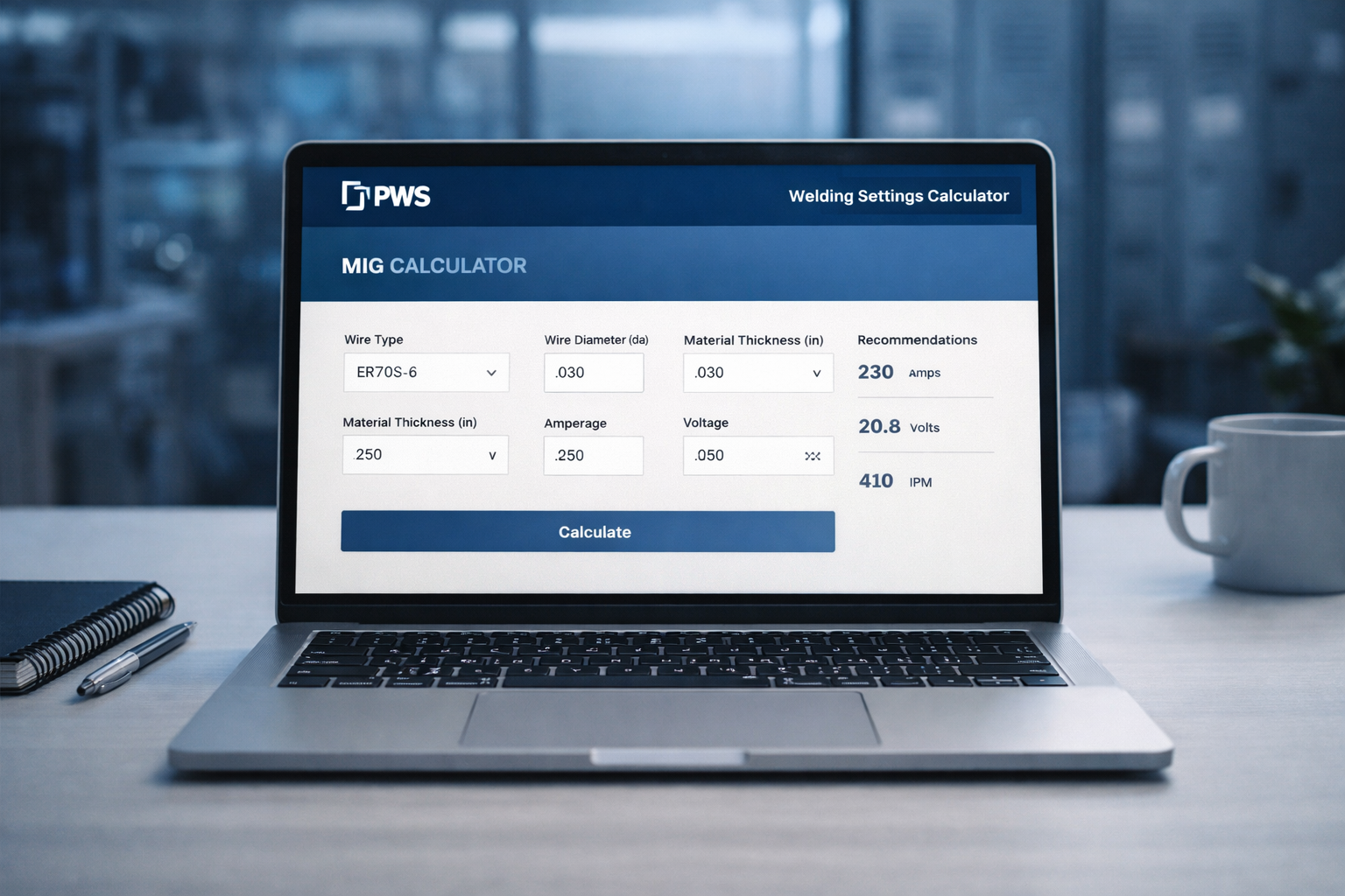MIG welding settings calculator displayed on a laptop showing voltage, amperage, and wire feed speed recommendations