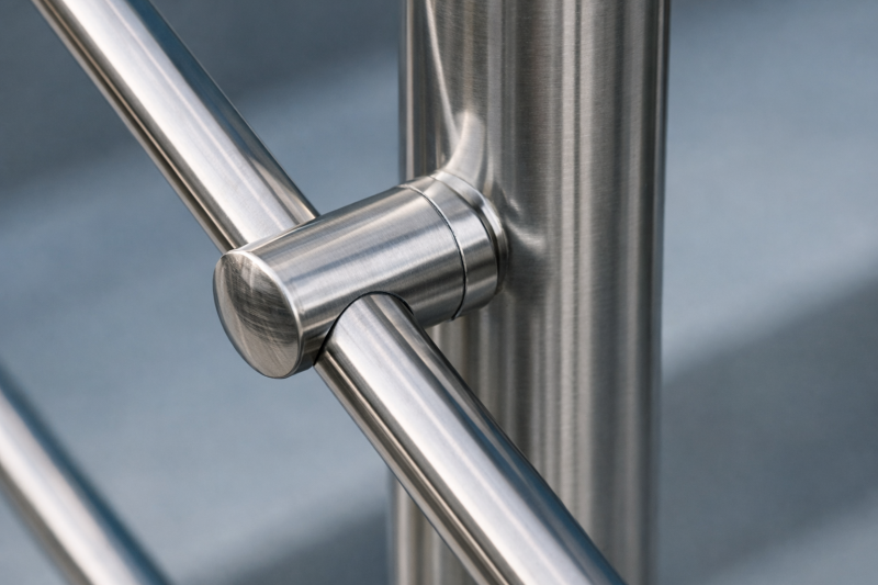 Close-up of satin brushed stainless steel horizontal bar railing with clean joints and modern finish Progressive Welding Solutions