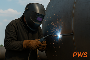 Black tank welder in protective gear welding a large cylindrical tank outdoors.