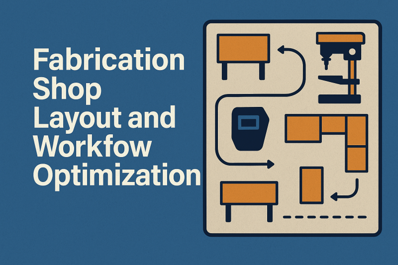 Digital illustration showing a fabrication shop floor plan with labeled workstations, a welding helmet icon, directional workflow arrows, and the title 'Fabrication Shop Layout and Workflow Optimization' on a blue background.