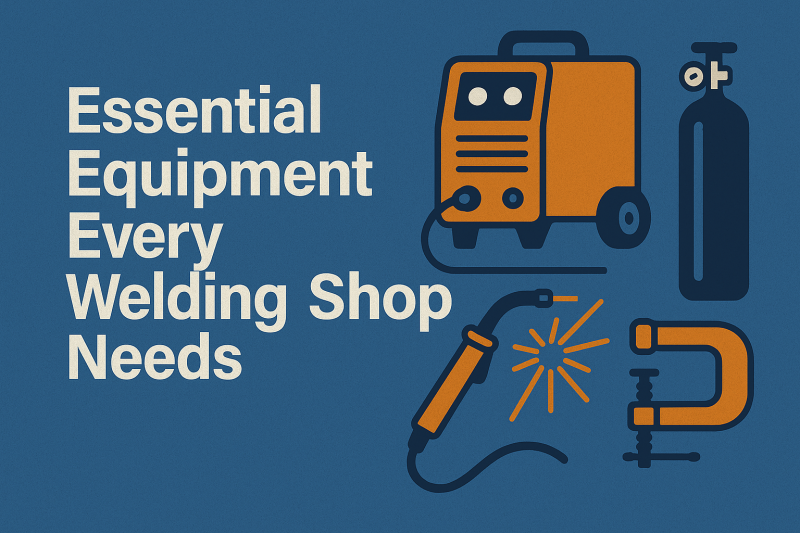 Digital illustration showing welding equipment including a welder machine, gas cylinder, welding torch with sparks, and C-clamp, alongside the title 'Essential Equipment Every Welding Shop Needs' on a blue background