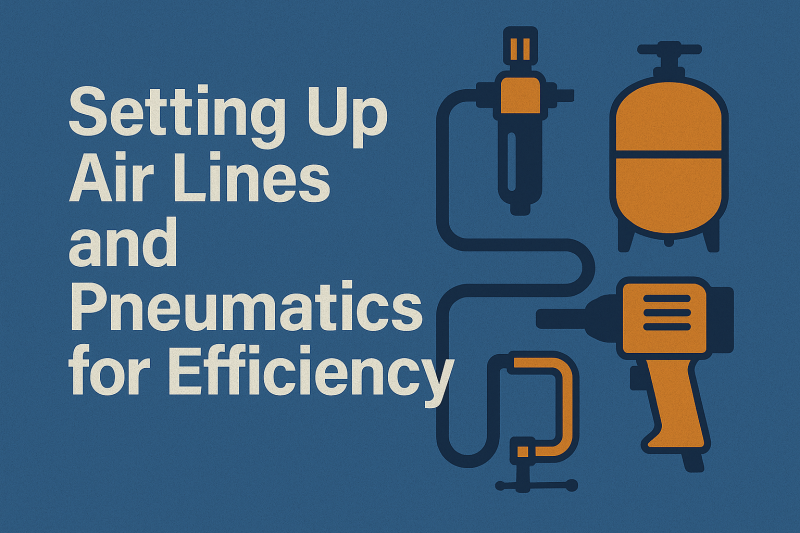 Flat-style digital illustration showing pneumatic components including an air compressor tank, air filter, connected air lines, impact wrench, and clamp with the title 'Setting Up Air Lines and Pneumatics for Efficiency' on a blue background.