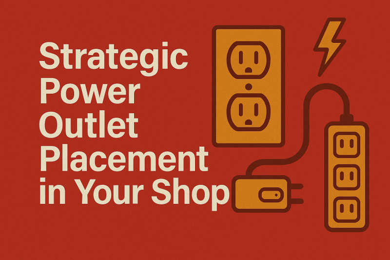 Flat-style image showing a two-socket power outlet, a three-outlet power strip, a plug, and a lightning bolt icon next to the text 'Strategic Power Outlet Placement in Your Shop' on a red background using brand-style colors.