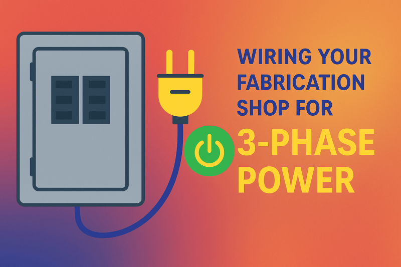 Digital illustration showing an electrical panel, yellow 3-prong plug, green power symbol, and the phrase 'Wiring Your Fabrication Shop for 3-Phase Power' on a red-to-orange gradient background using blue, green, and yellow brand-style colors.