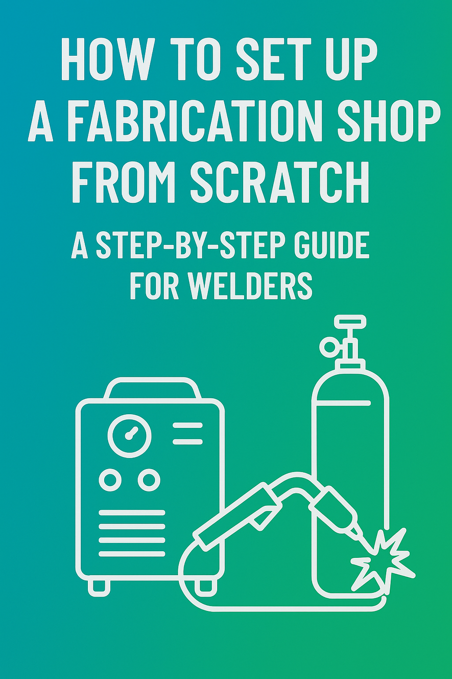 Gradient blue and green cover with bold white title text βHow to Set Up a Fabrication Shop from Scratch: A Step-by-Step Guide for Weldersβ above simple white welding equipment illustrations.