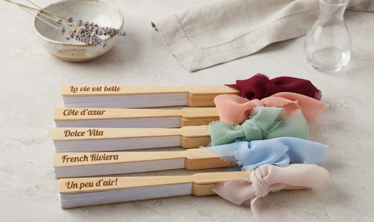 Éventail en bois personnalisé – Gravure sur mesure mariage, EVJF, baptême
