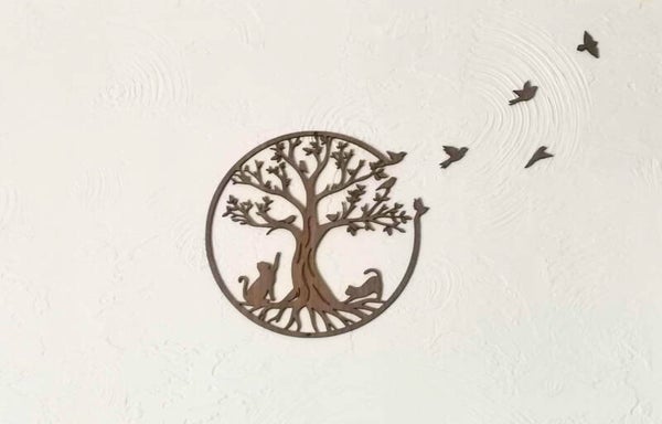 Décoration murale en bois – Arbre de vie avec chats et oiseaux