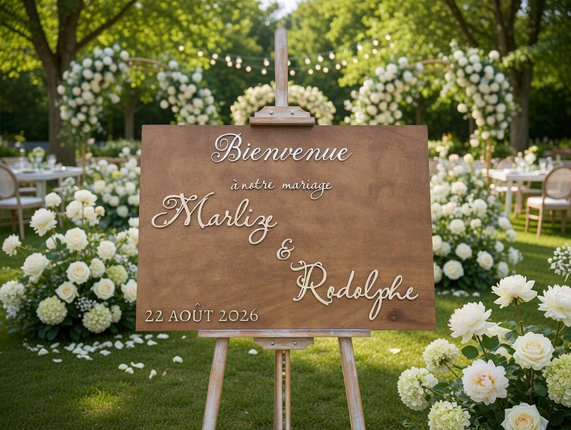 Panneau bienvenue mariage bois gravé — Décoration personnalisée